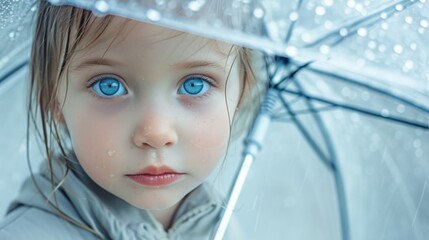 Little girl with blue eyes and big clear umbrella.