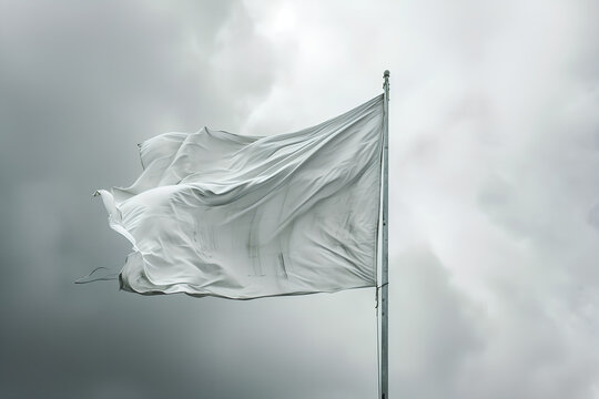 A scene unfolds with a flag, white and billowing in the wind, a poignant symbol of surrender amid a somber gray sky tinged with the smoke of distant bombings.