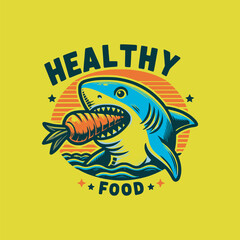 retro art style shark eating carrot healthy food vector illustration