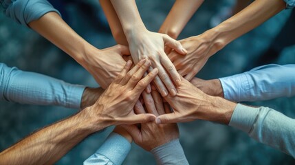 Teamwork and Unity with Hands Together,  group of hands come together in the center, symbolizing teamwork, unity, and collaboration with a focus on connection and support