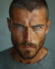 Obraz premium Portrait of a smiling man with black hair and a beard, showing various expressions from funny to serious in a close-up studio shot