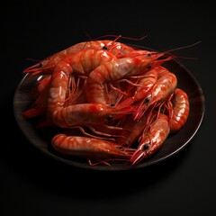 Boiled red shrimps on a black plate on a black background