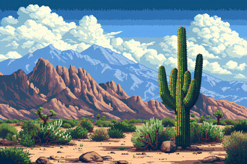 A desert landscape featuring cacti and mountains in the background, rendered in a 16-bit pixel art style reminiscent of classic video games. - obrazy, fototapety, plakaty