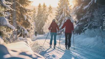 Mature couple cross country skiing outdoors in winter nature, Tatra mountains Slovakia