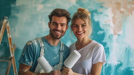 Fotobehang Smiling happy couple painting the wall of their new home holding paint rollers near ladder. Married man and woman doing repair renovation preparing to move into a new flat, copy space © Anastasiia