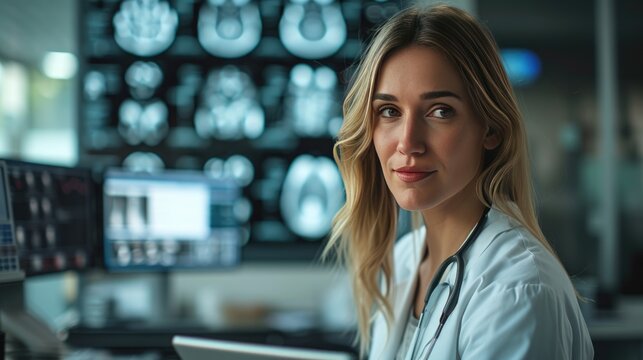 Radiologist Analyzing Brain Scans, Focused female radiologist examines MRI scans, showcasing medical expertise in a high-tech environment