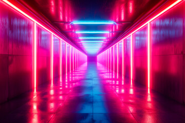 Fototapeta premium Neon Lit Corridor with Infinite Perspective.