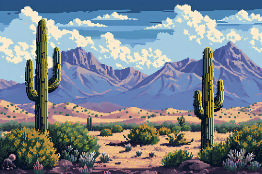 A desert landscape featuring cacti and mountains in the background, rendered in a 16-bit pixel art style reminiscent of classic video games.