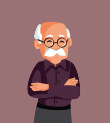 Elderly Man Standing with Arms Crossed Vector Character Illustration. Happy mature guy feeling confident and relaxed 
