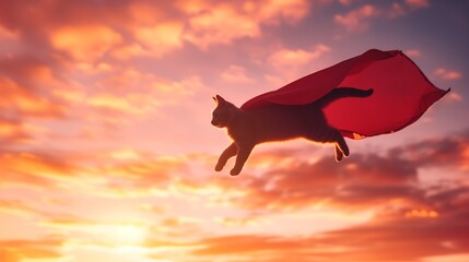 夕焼けの空を飛ぶネコ　ヒーロー