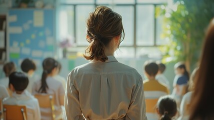 Rear view of female teacher asking students while teaching in classroom - obrazy, fototapety, plakaty