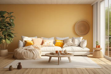 Cozy living room with wooden floor and white couch, featuring light yellow and orange hues.