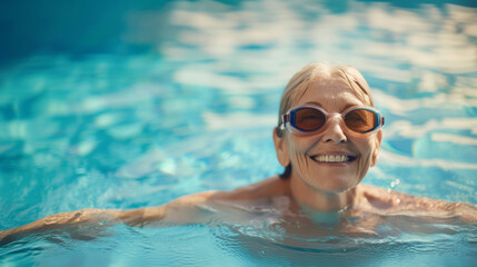 Naklejka premium Smiling older woman wearing goggles while swimming in pool