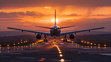Jet airliner landing on runway with setting sun in the distance