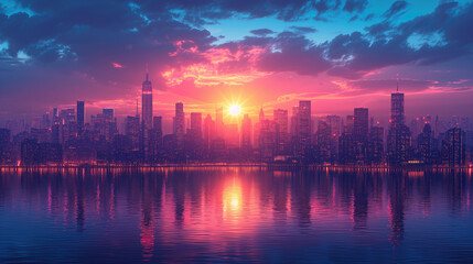 Fototapeta premium Panoramic view, sunset over metropolitan skyline.
