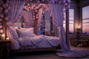 Elegant bedroom with four-poster bed, sheer curtains, and lavender accents at twilight. Romantic interior design with candlelight and city view for luxury home decor and hospitality