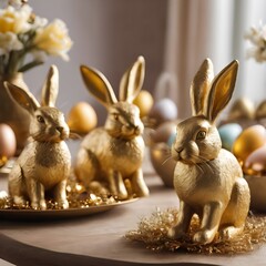Festive golden Easter bunny decorations on a table with Easter eggs