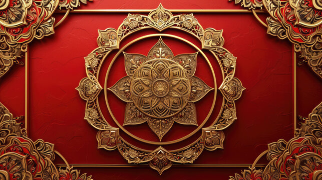 Golden border frame, lotus mandala border frame in red and golden color, 3D wallpaper, ceiling tile decorative