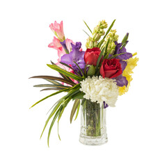 Bouquet of mixed flowers and leaves in vase isolated on transparent background