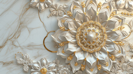 3D ceiling wall, white and gold marble background, elegant luxury home decorative, wedding background, mandala flower design