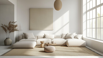 Fototapeta na wymiar Minimalist living spaces. White plush sofa and overall simple design. Window to the right. 