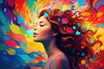 A woman in a colorful vivid dreamy background. an illustration of visual hallucinations. Mental health concept
