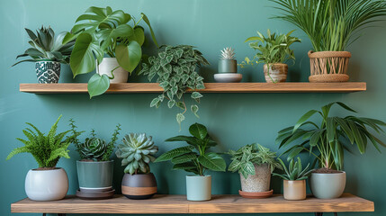 Two indoor plant shelves filled with variety of potted plants on green wall.
