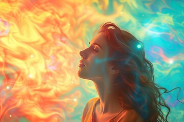 A woman in a colorful vivid dreamy background. an illustration of visual hallucinations. Mental health concept