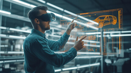 Engineer using virtual reality headset to interact with 3D car model, futuristic automotive design