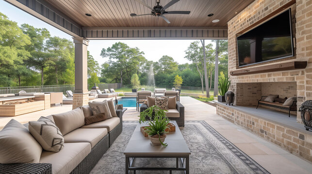 Outdoor living space. Luxurious patio with fire place in backyard.