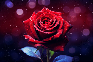 A dreamy red rose on a dark red and indigo background evokes romance and femininity with subtle lighting.