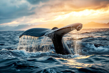Whale tail diving and splashes on surface of the ocean, seascape in the late afternoon lights - 731469347