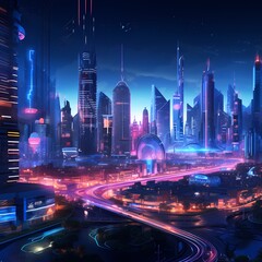 A futuristic city skyline at night, with neon lights casting a vibrant glow on sleek skyscrapers and a bustling street below