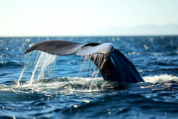 Seascape with whale tail, diving into the water and splashes on surface of the ocean, seascape - 731469364