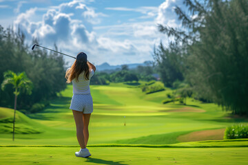 リゾート地でゴルフを楽しむ女性ゴルファーがスウィングしている
