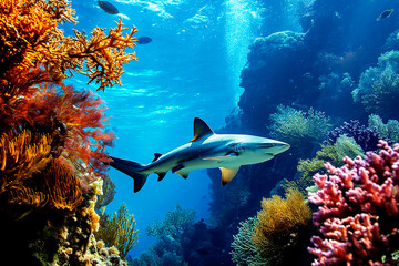 Shark swimming in the sea with small fish over colorful coral reef, under water animal ocean life nature scenic - 731469530