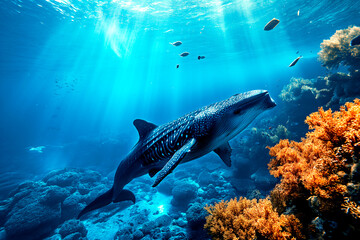 Whale swimming in the sea with small fish over colorful coral reef, under water animal ocean life nature scenic - 731469534