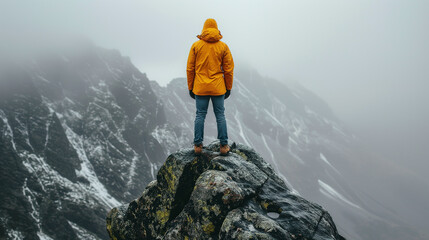 Man on top of mountain, concept for overcoming adversity and determination. 