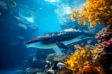 Whale swimming in the sea with small fish over colorful coral reef, under water animal ocean life nature scenic - 731469591