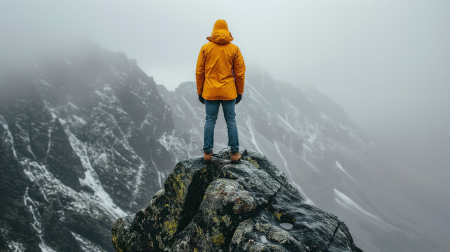 Man on top of mountain, concept for overcoming adversity and determination. 