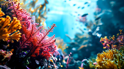 Colorful Coral reef flower sea living coral deep dark water of sea ocean environment. - 731469724