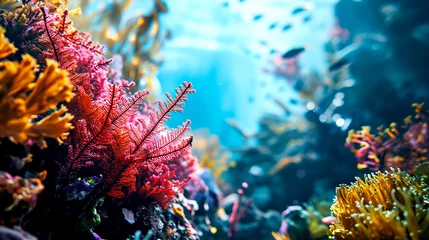 Fototapeten Colorful Coral reef flower sea living coral deep dark water of sea ocean environment. © polarbearstudio