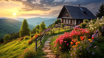 Charming countryside cottage nestled among rolling hills, surrou