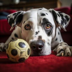 Dalmatian Dog Resting With Soccer Ball on the Floor