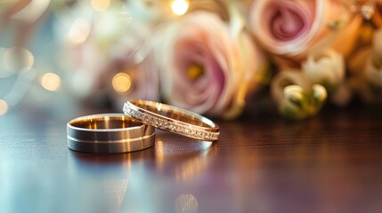 Eternal Love Captured! Close-Up of Two Gold Wedding Rings, Symbolizing the Sacred Bond of Matrimony. Seize the Moment of Everlasting Commitment! - obrazy, fototapety, plakaty