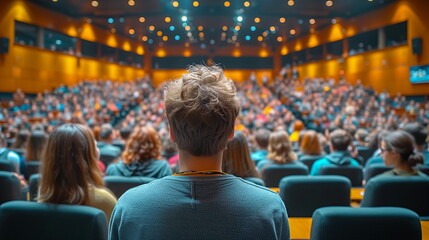 Rear view of a student sitting in a crowded university auditorium during a lecture or presentation.