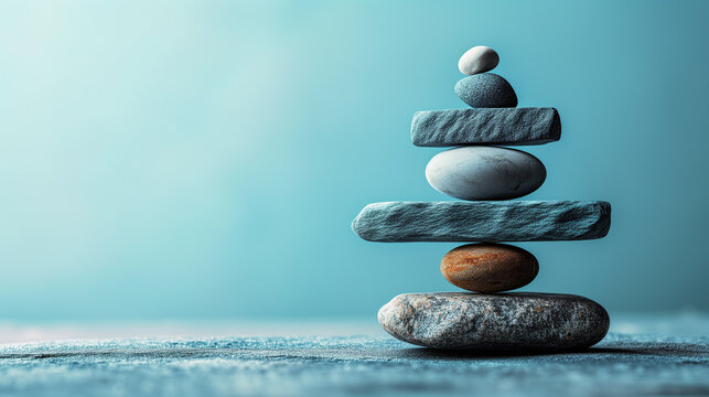 Smooth stones stacked in many layers. Concept for balance, harmony and peace. Composed with copy space.