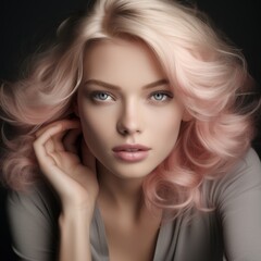 Portrait of a beautiful blonde woman with pink hair on a black background