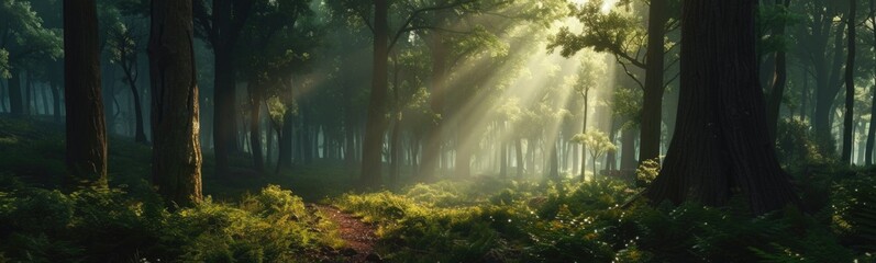 Sunlight shining through the trees in a forest with a path. Banner - obrazy, fototapety, plakaty