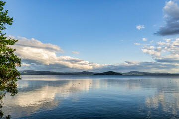 Summer Evening on Lake Rotorua, New Zealand - Looking south towards Mokoia Island from the north...